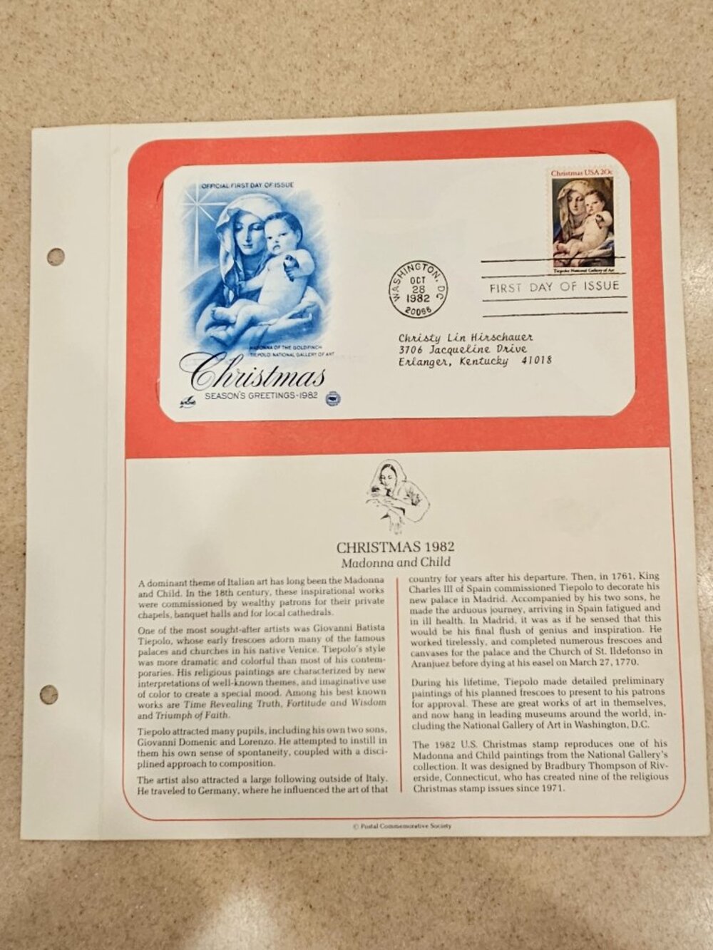 RARE COLLECTIBLE USPS 1ST DAY ISSUE COVER CHRISTMAS 1982 MADONNA CHILD STAMP FDC